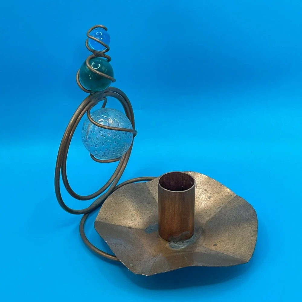 Artisan Copper Wire Glass Orb Candle Holder Sculpture Blue Green Mixed Media‎